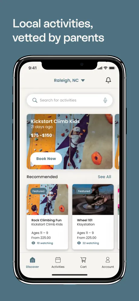 ActivityHub mobile app showing local activity search and booking