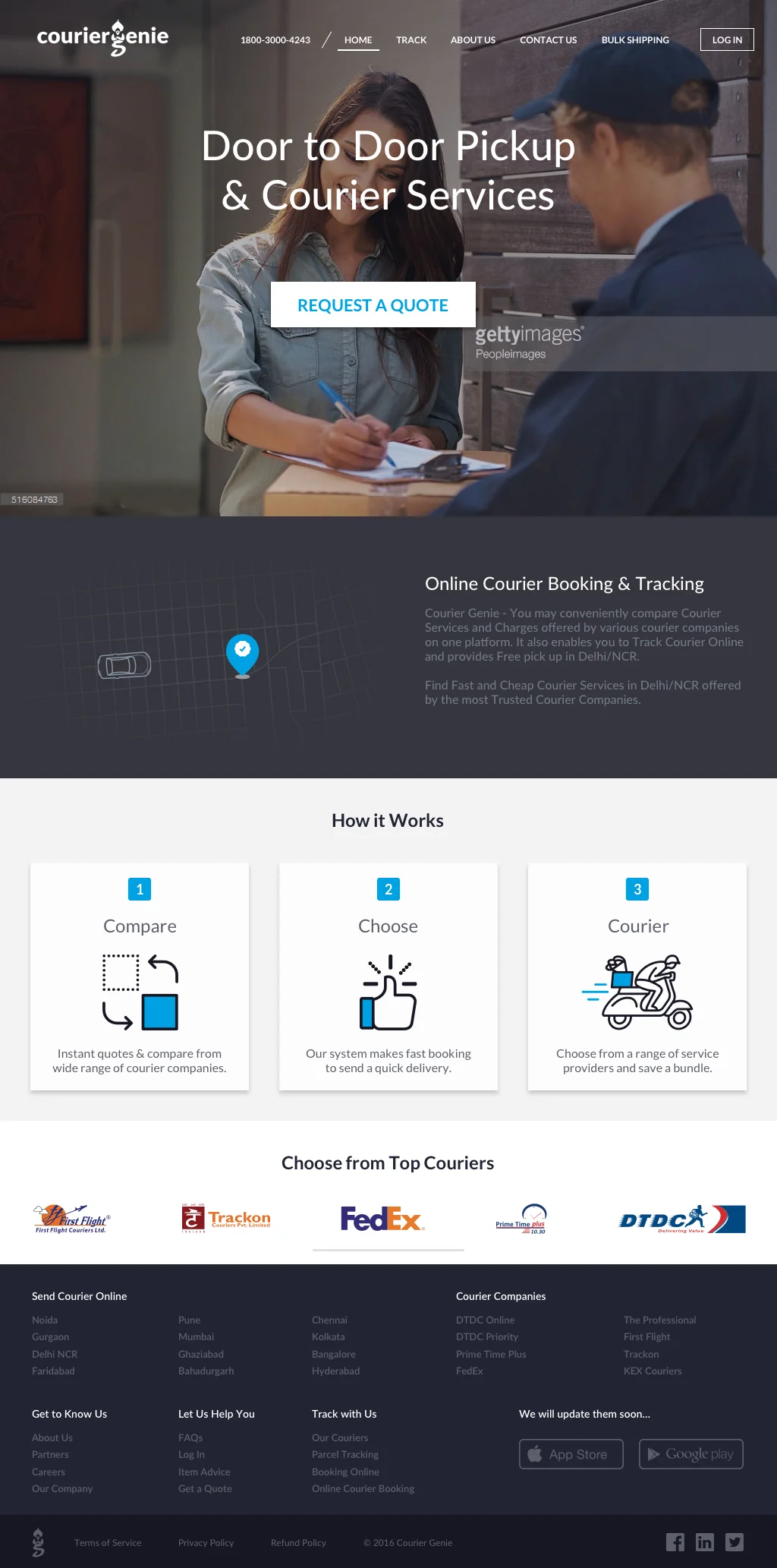 Courier Genie landing page with the three-step compare, choose, courier flow and partner courier logos