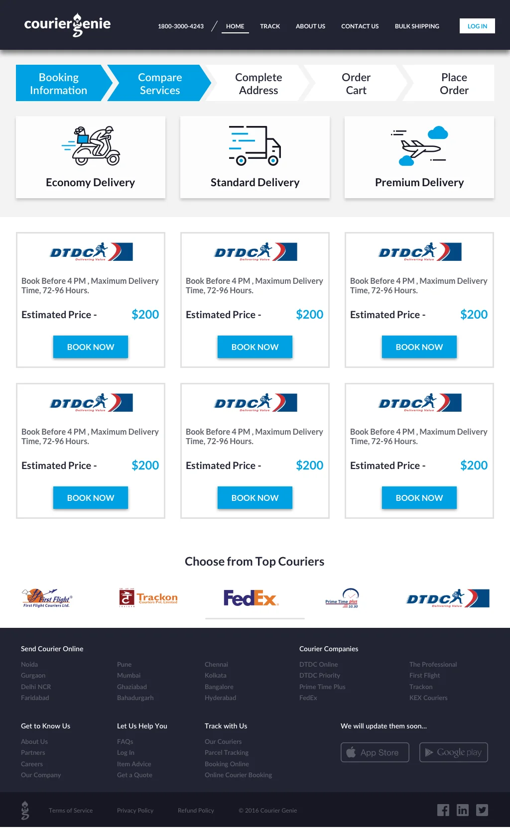 Courier Genie compare-services step showing delivery tier options and courier quotes