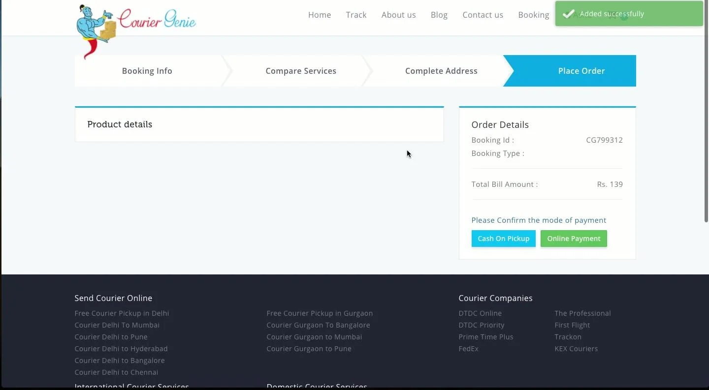 Courier Genie checkout with cash-on-pickup and online payment options