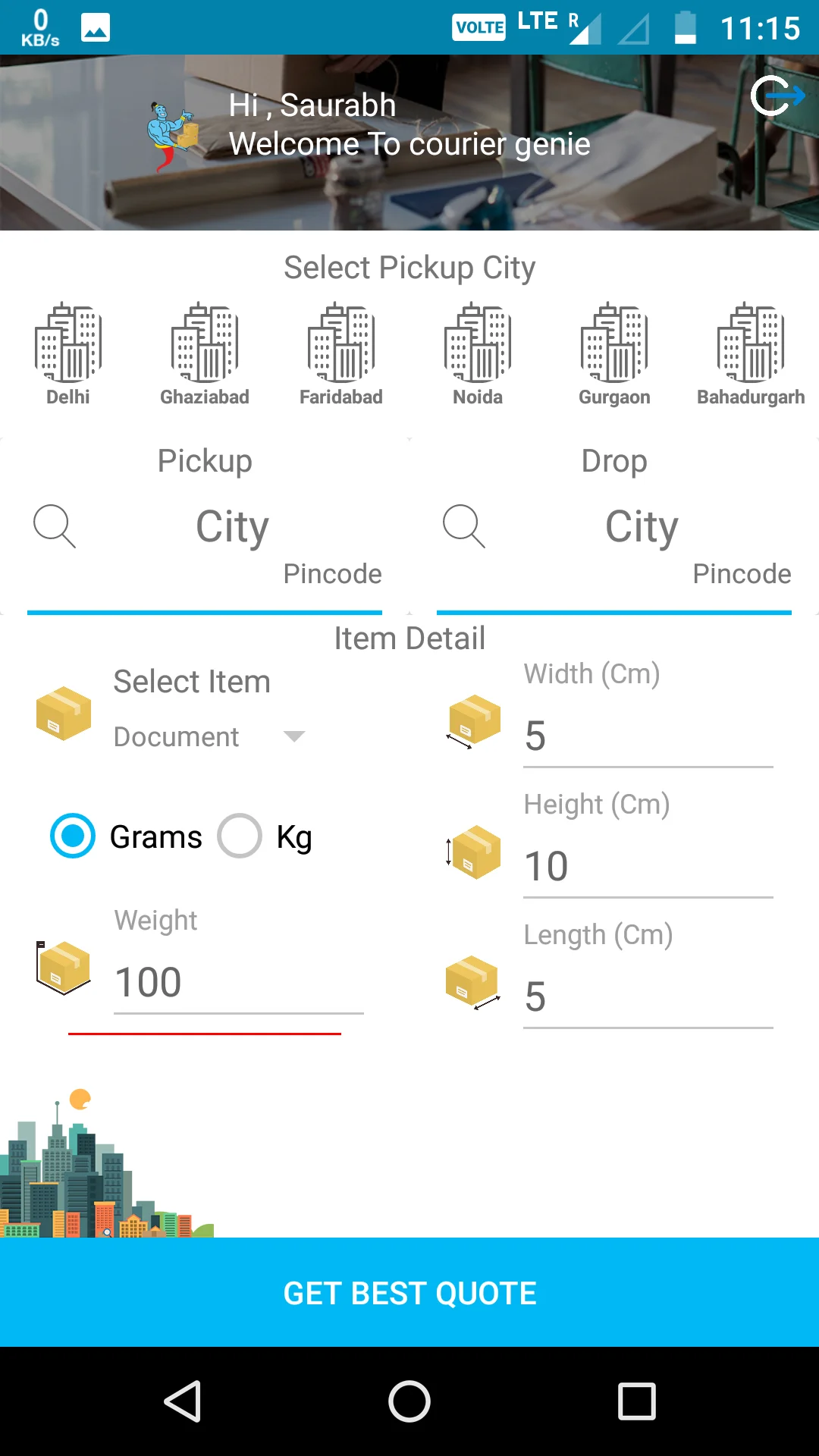 Courier Genie Android app pickup-city and parcel-detail screen
