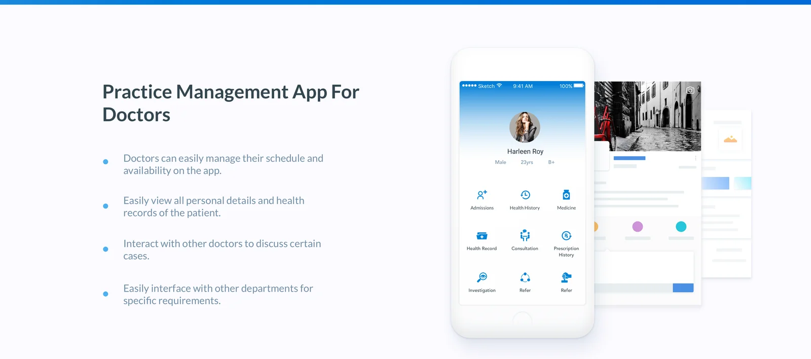 E-Med practice-management app for doctors showing admissions, health history and prescriptions