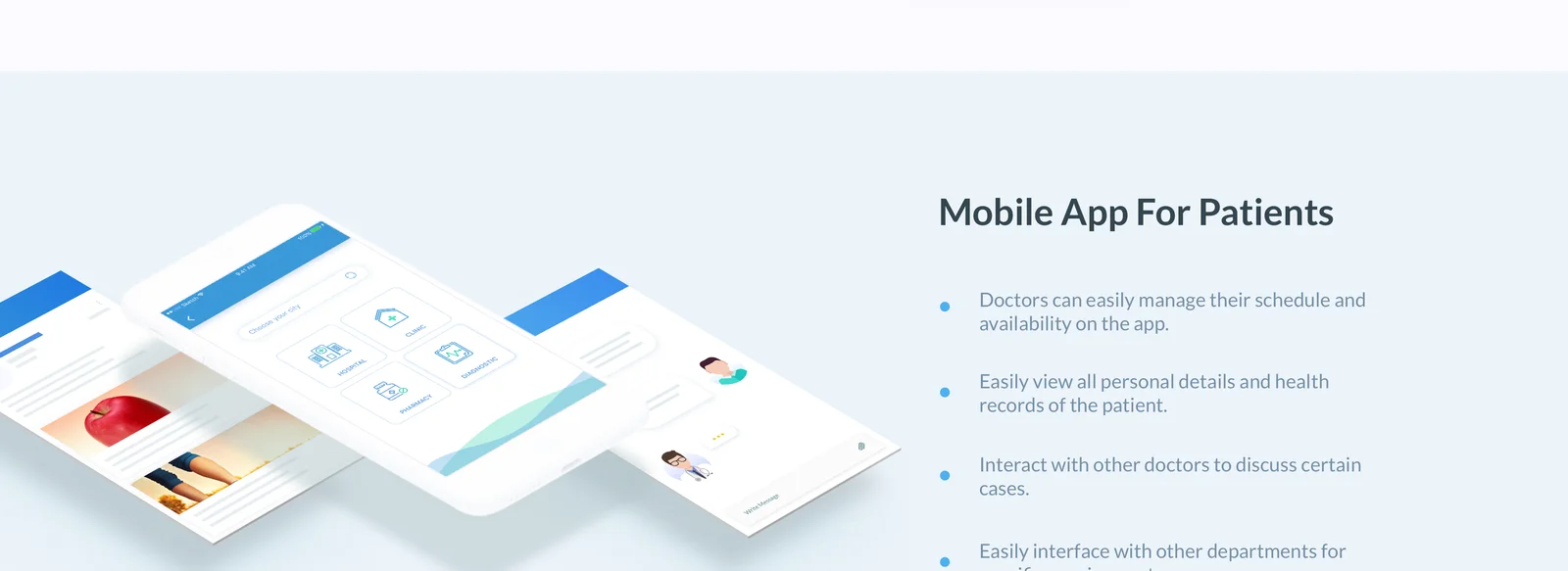 E-Med patient mobile app home screen with hospital, clinic, pharmacy and diagnostic categories