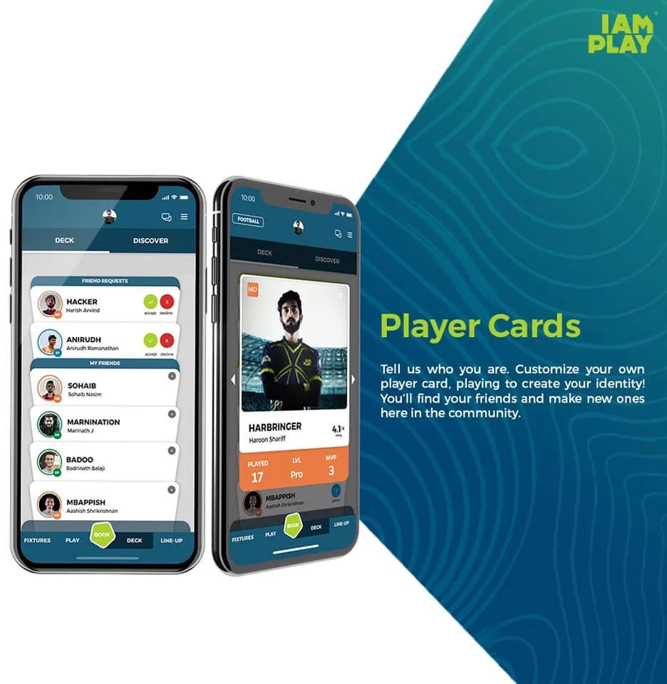 IAMPLAY app showing player cards, friend requests and the deck view
