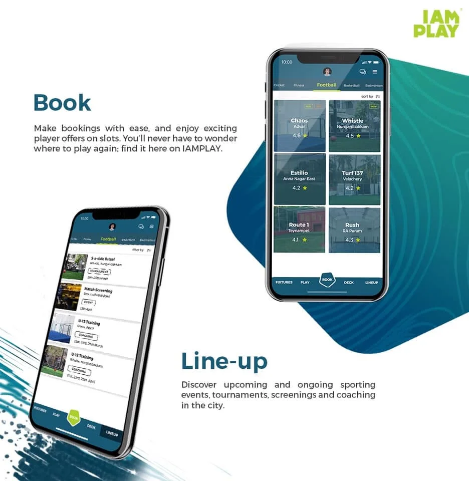 IAMPLAY app showing venue booking listings and the line-up of upcoming sporting events