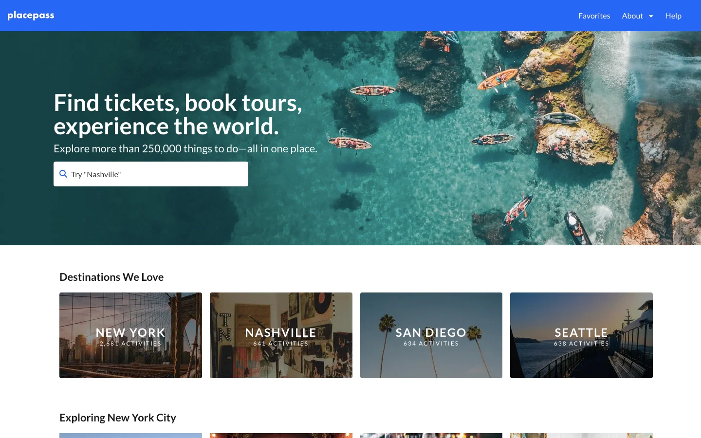 PlacePass homepage with destination search and featured activities across New York, Nashville, San Diego and Seattle