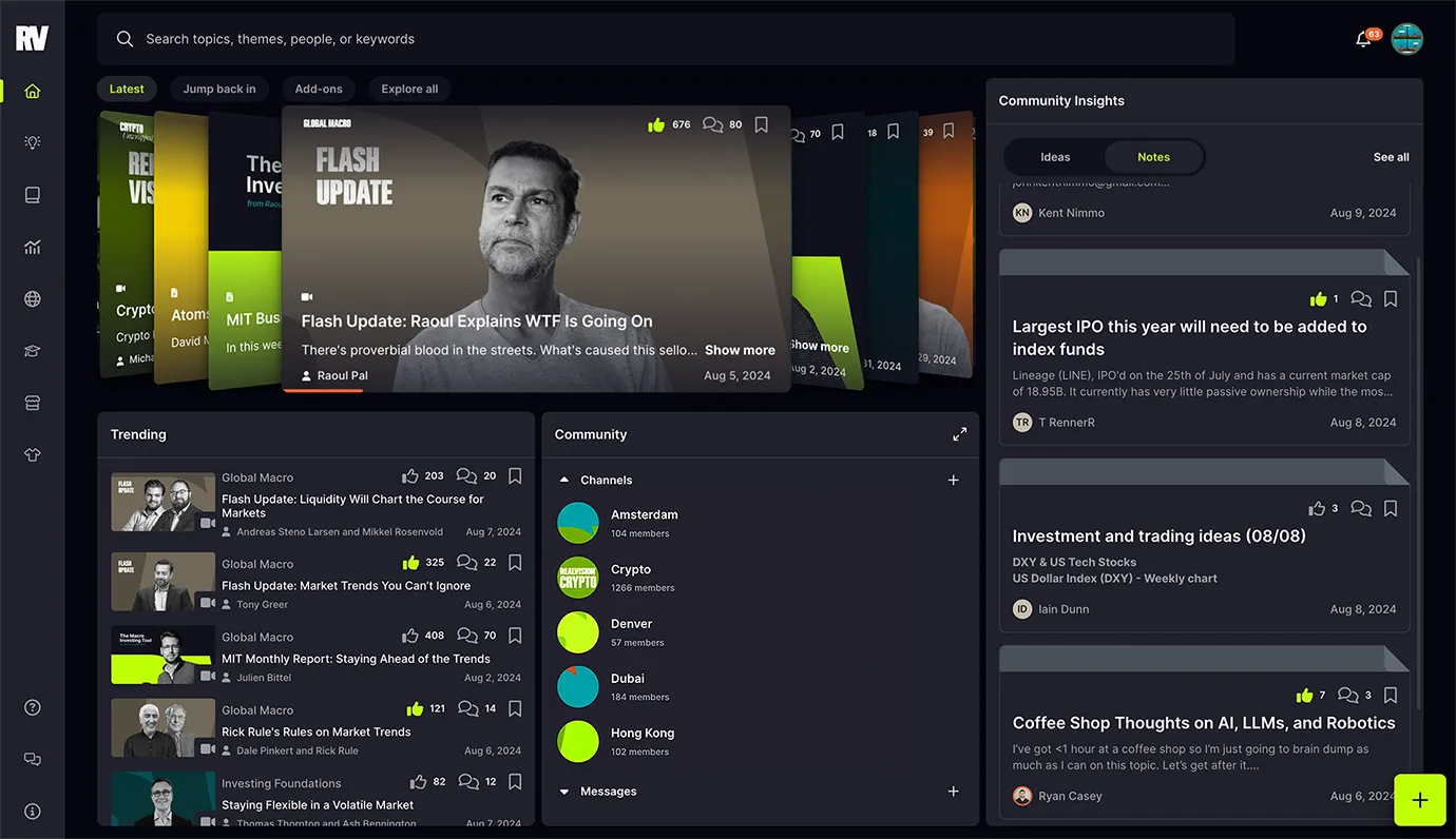 RealVision content library with trending videos, community channels and member insights